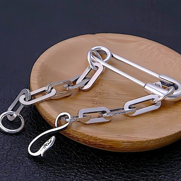 Sterling Silver Safety Pin Bracelet, Chain Link Unisex Birthday Present … - Picture 8 of 11